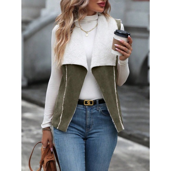 🌟 Teddy shearling Lined Open Front Vest vegan suede - Picture 5 of 8